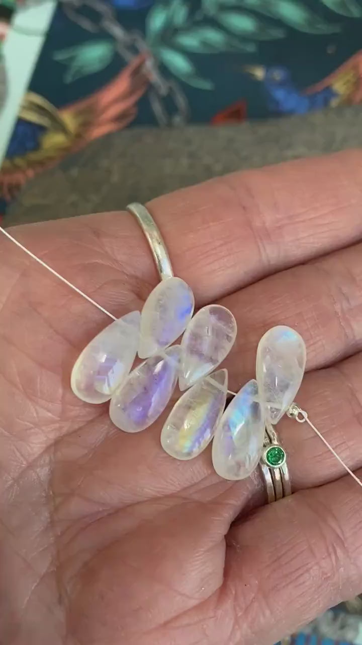 RUSTIC Smooth handmade Blue Rainbow Flash Moonstone Briolette Drop Beads WITH natural rustic  inclusions and textures and fissures  8-11mm