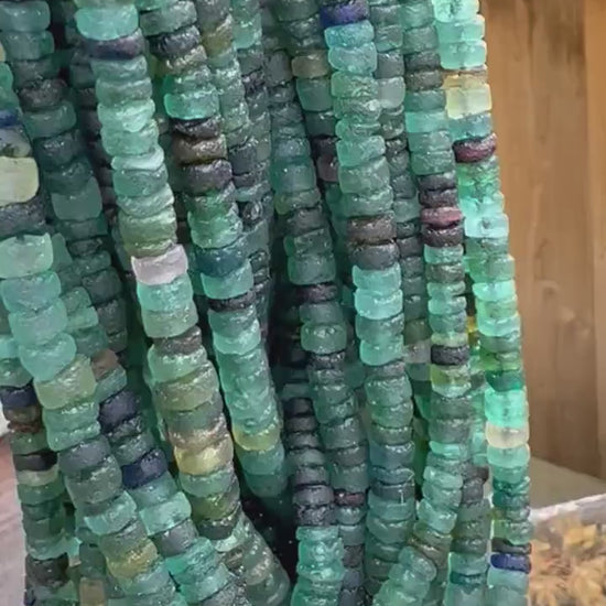 Large Roman Glass Disc tyre Rondelles Beads Blue Aqua Green Natural aged beads / Ancient Rare Beads 13.5” strand - 6-7 mm approx beads