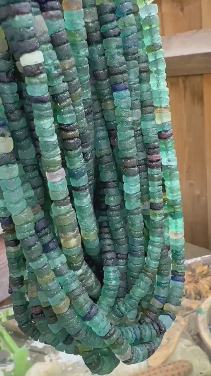 Large Roman Glass Disc tyre Rondelles Beads Blue Aqua Green Natural aged beads / Ancient Rare Beads 13.5” strand - 6-7 mm approx beads