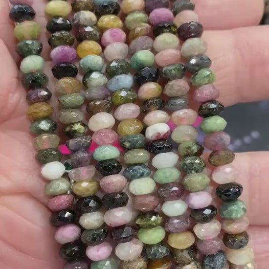Hand faceted natural multi coloured gemstone Tourmaline rondelles beads 5.6mm
