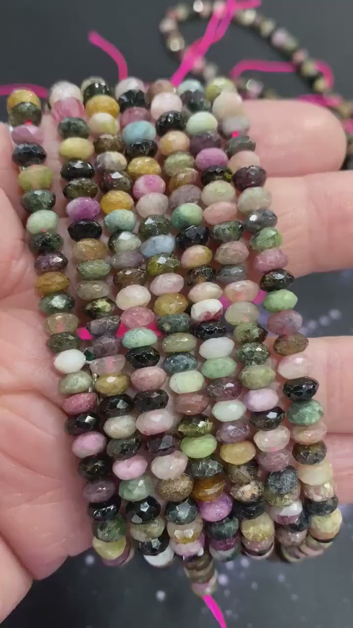 Hand faceted natural multi coloured gemstone Tourmaline rondelles beads 5.6mm