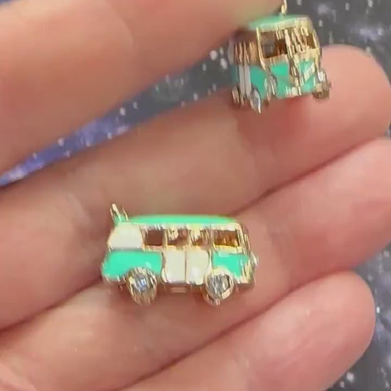 One Gorgeous Enamelled Pink or Blue turquoise Aqua cute Camper Van charms, Gold Plated 20mm Crystal sparkly inset