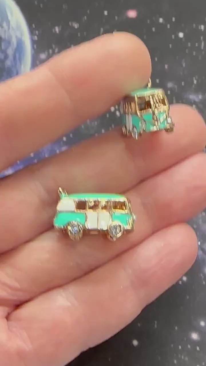 One Gorgeous Enamelled Pink or Blue turquoise Aqua cute Camper Van charms, Gold Plated 20mm Crystal sparkly inset
