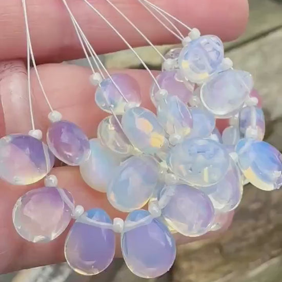 7  x Opalite smooth handmade briolette beads, 10-11 mm approx Lovely Glowy Moonstone Tones / Vaseline glass effect