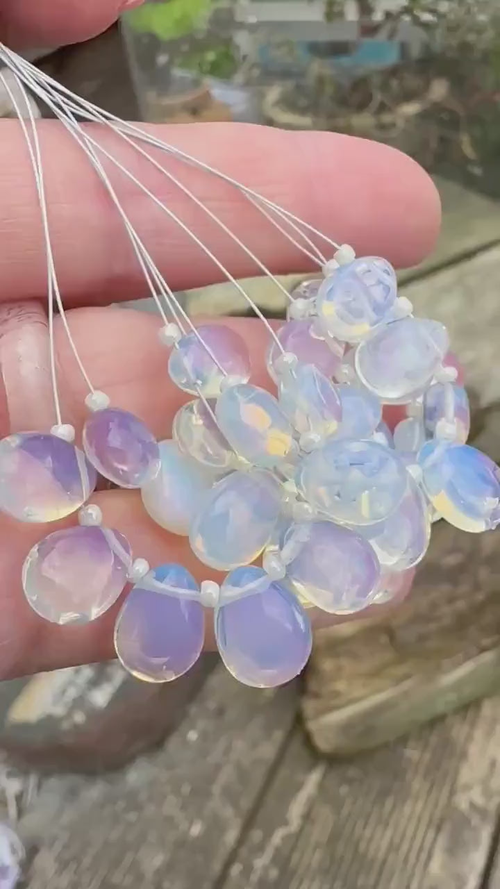 7  x Opalite smooth handmade briolette beads, 10-11 mm approx Lovely Glowy Moonstone Tones / Vaseline glass effect