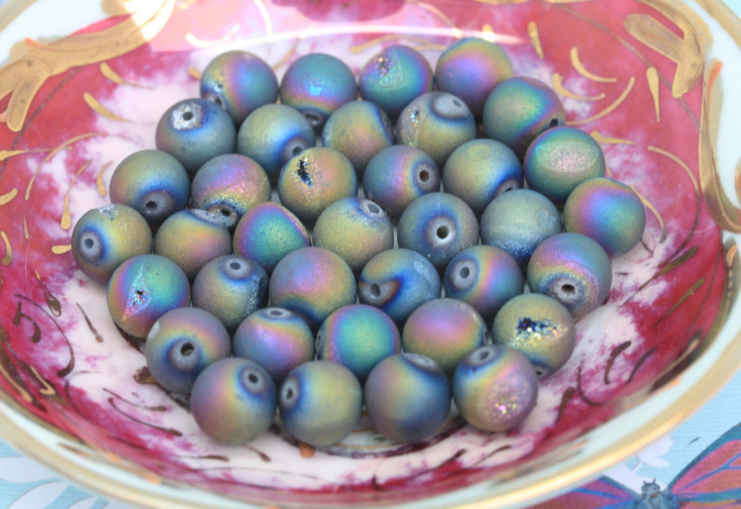 Titanium Rainbow Druzy Matte Agate Beads 8 & 10mm Drusy Agate Beads Rainbow Gemstone Beads / Jewellery Beads/ Multi Coloured Beads 2 BEADS