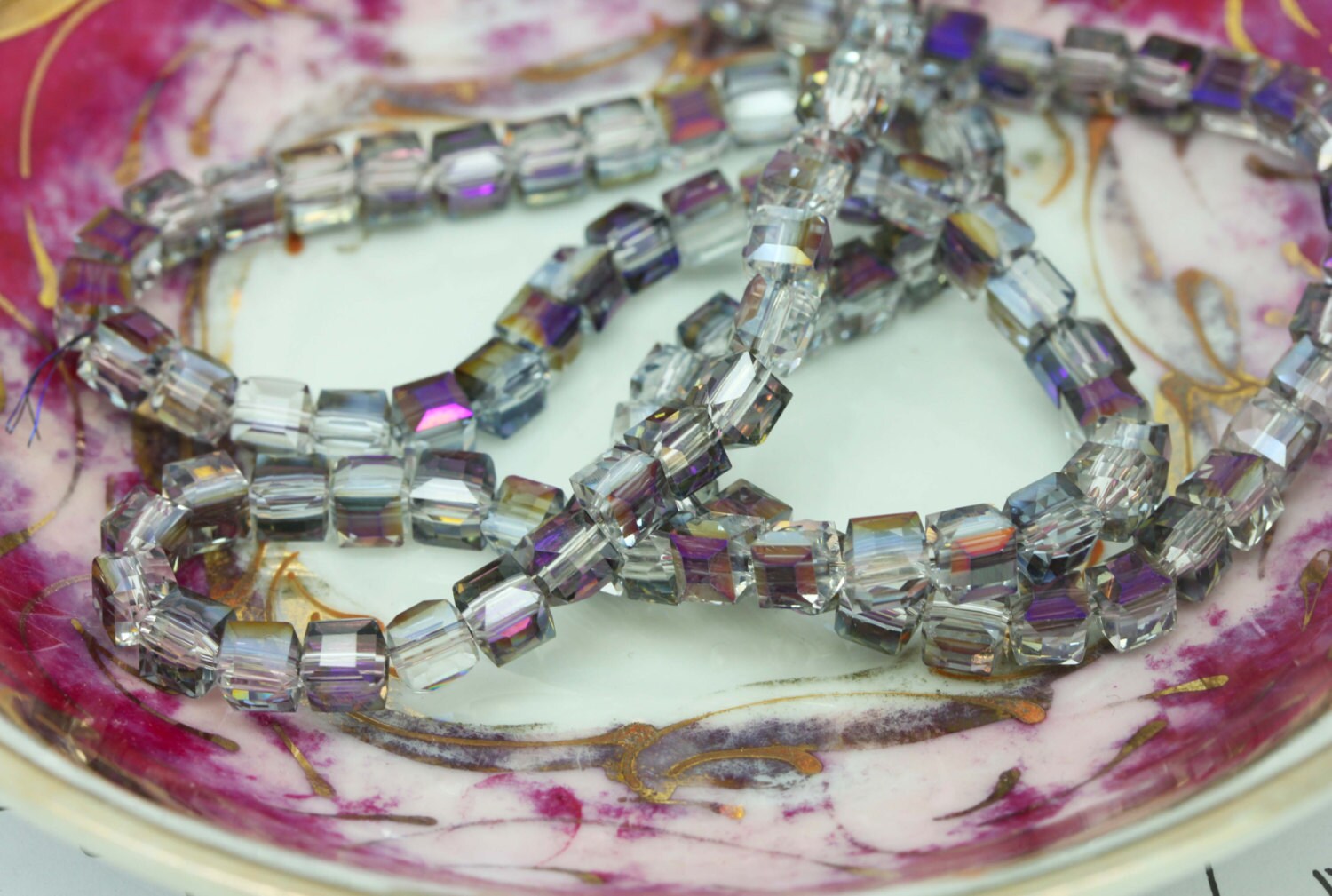 Magic Purple Blue Gold Crystal Cube Square Beads 5 mm / Two Tone Crystal Beads / Square Beads / Mystic Purple Crystal Beads / 6 beads