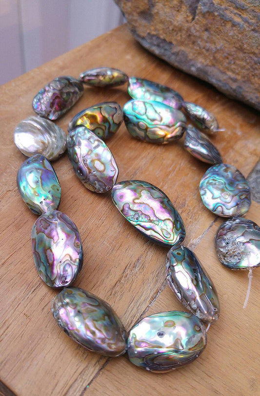 1 BEAD Natural Blue green rustic Large Abalone oval Double Sided shell Bead 16-20 mm approx - Abalone Shell Bead Amazing Patterns 1 bead