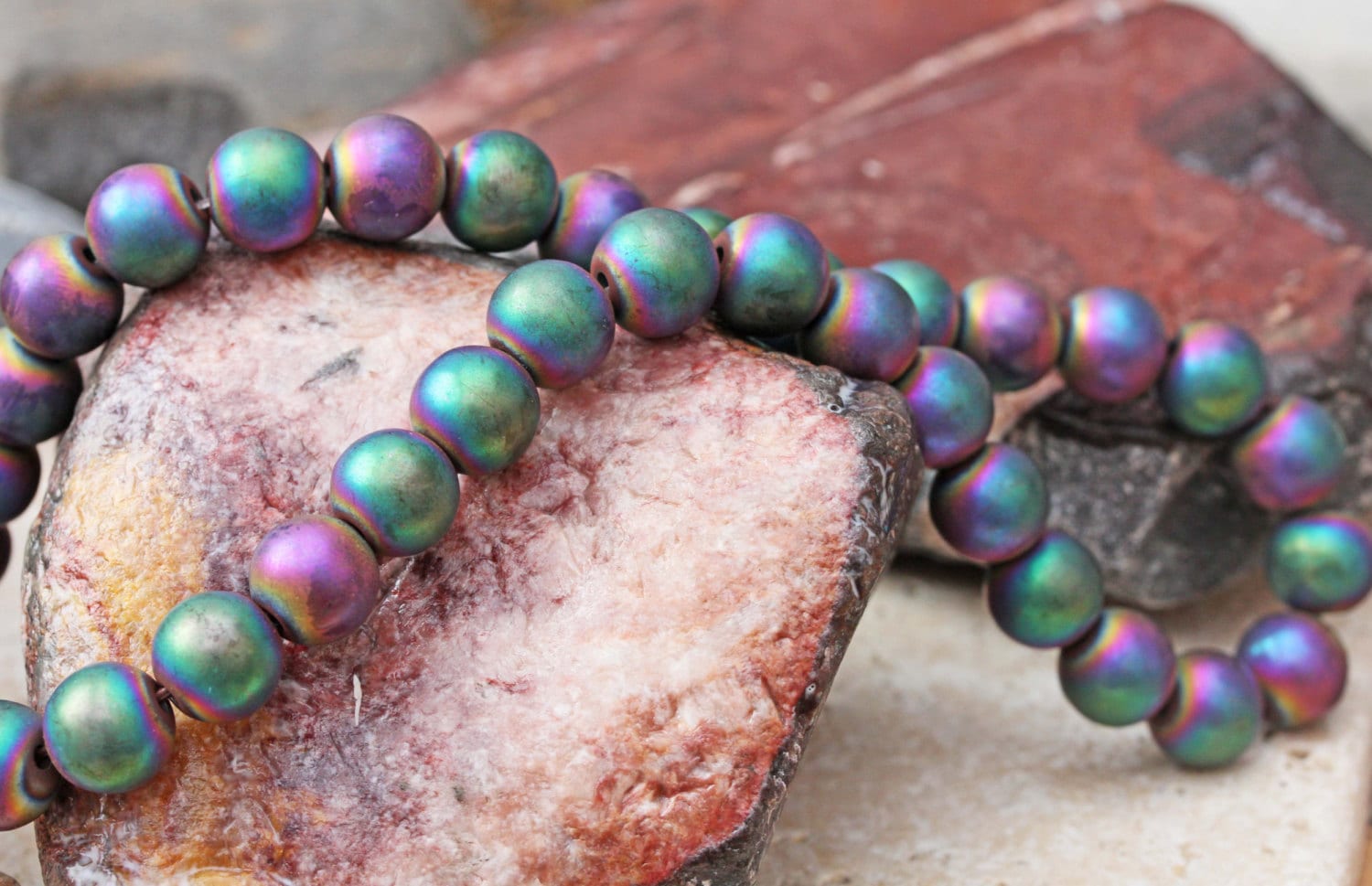 4 x Matte Rainbow Titanium Haematite Rounds Beads 8mm & 10mm / Two Tone Haematite Beads / Mystic Hematite Beads / 10mm 8mm / Rainbow beads