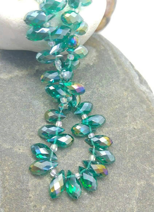 3 x Faceted Green AB Gold Crystal Briolettes Beads 12 mm Teatdrop Beads / Sparkling Green Teardrops / High Quality Crystal Beads