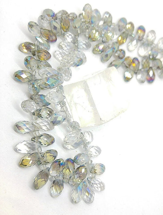 3 x Faceted Clear Green Gold AB Crystal Briolettes Beads 12 mm Teardrop Beads / Sparkling Green Teardrops High Quality Crystal Beads