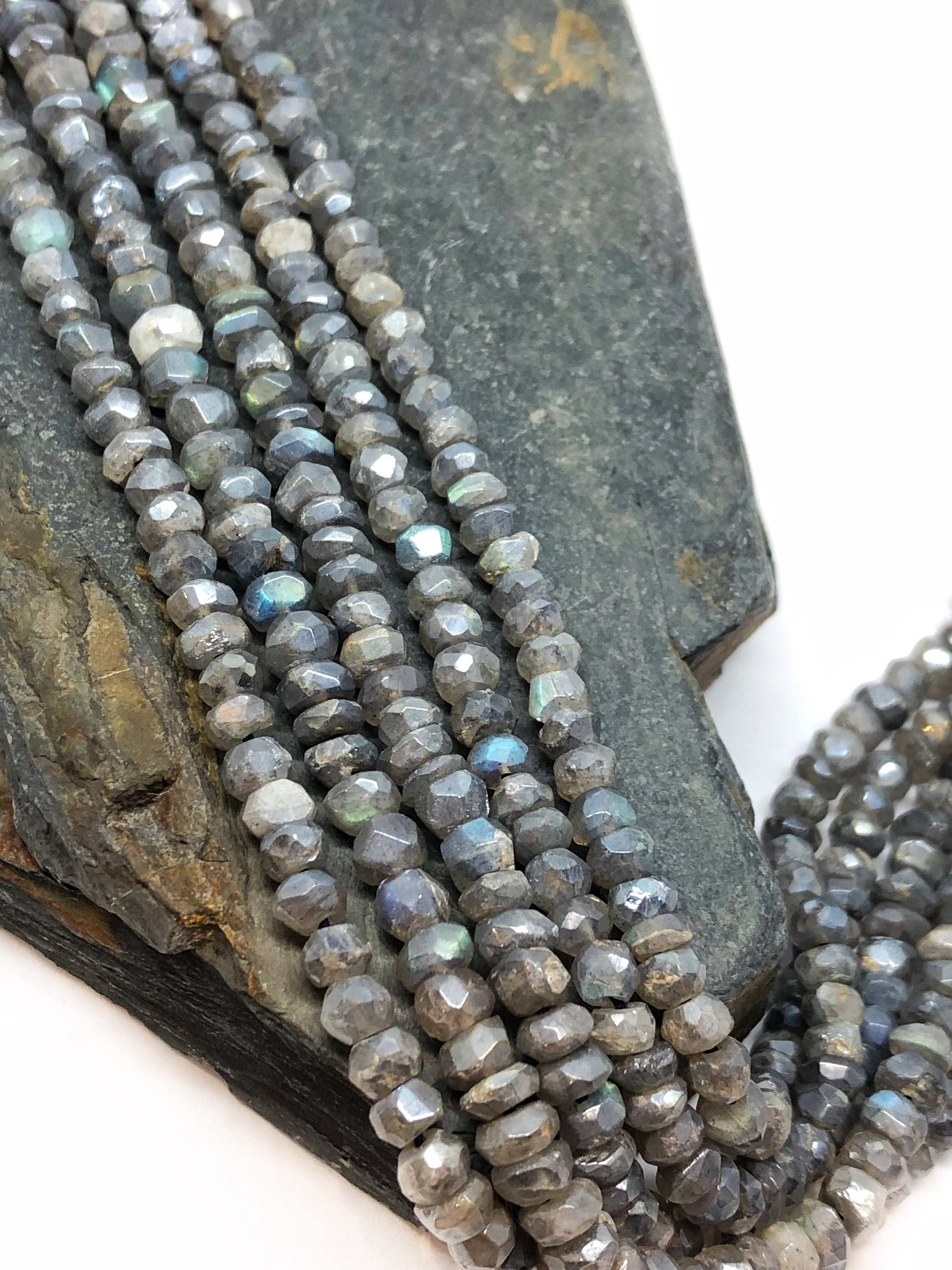 Silvered Labradorite Rondelle handmade faceted Rondelle Beads 3-4 mm approx approx Flashy Labradorite Beads Labradorite Choose quantity