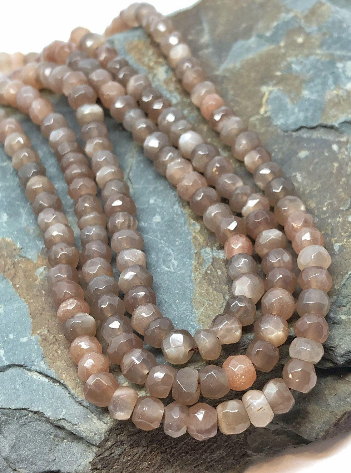 Handmade rustic Chocolate or Peach Moonstone Faceted Silvered Rondelle Round Beads Glowing Moonstone Gemstone Beads Peach 5mm, Choc 4mm