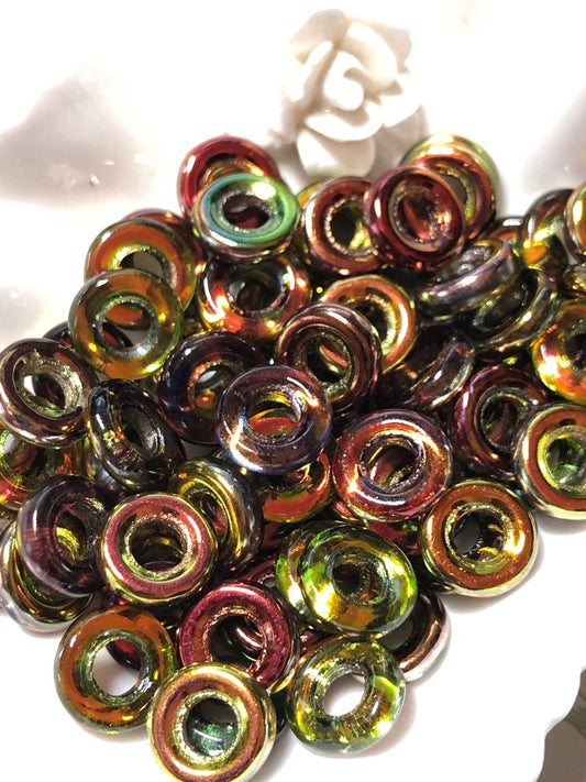 Czech Glass Loops Hoops Loopzillas Ring Bead Two tone Large Hole Round Beads Choose Colour RARE 2 bead set