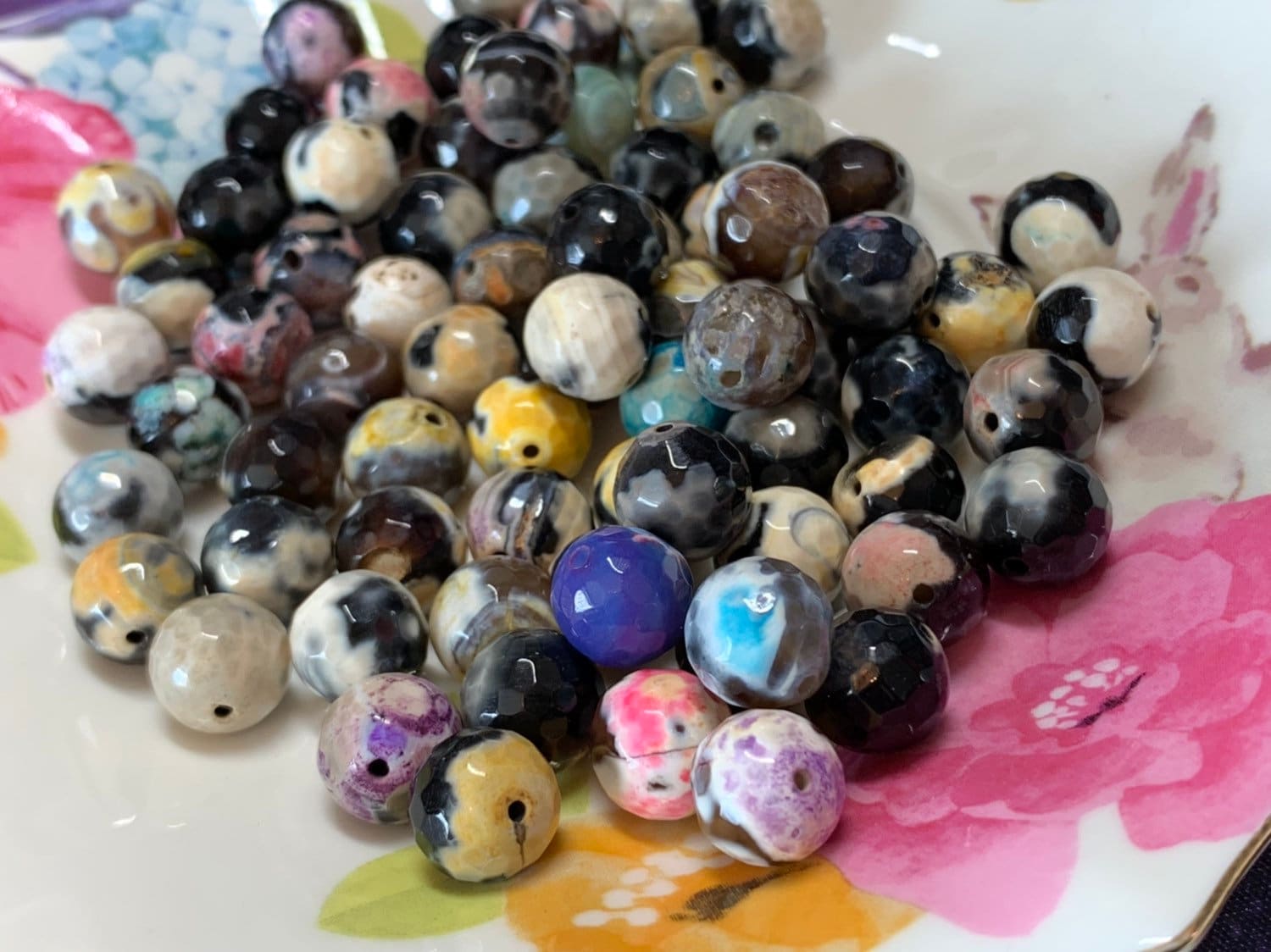 Multi Coloured Stripey Banded China Agate faceted Beads 10mm / Faceted Fire Agate beads / Cracked Agate Beads /