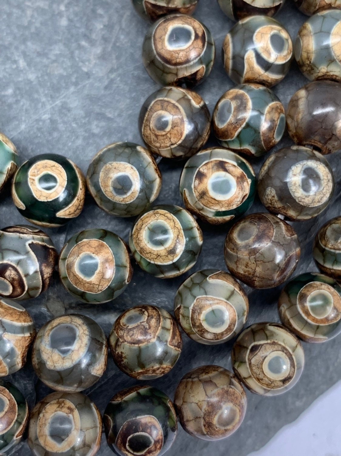 Tibetan Eye Green Brown Agate Beads 8mm / DZI Heavens Eye Beads / Gemstone Agate Round Rustic Beads / More green than pics!