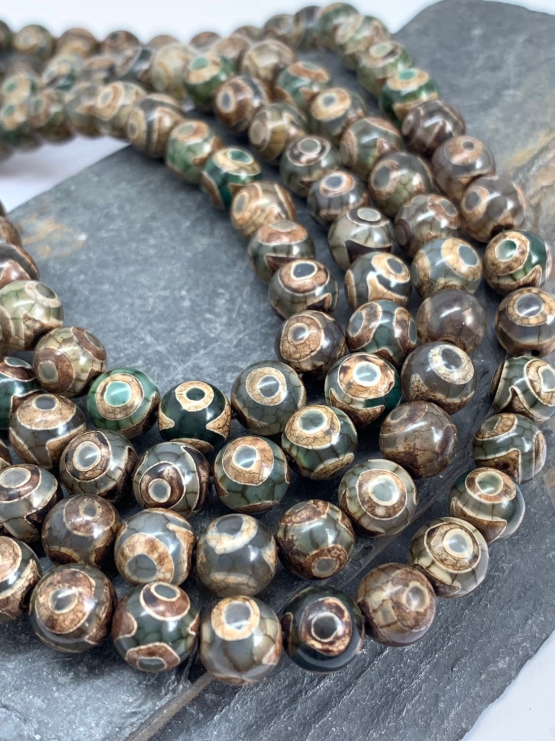 Tibetan Eye Green Brown Agate Beads 8mm / DZI Heavens Eye Beads / Gemstone Agate Round Rustic Beads / More green than pics!