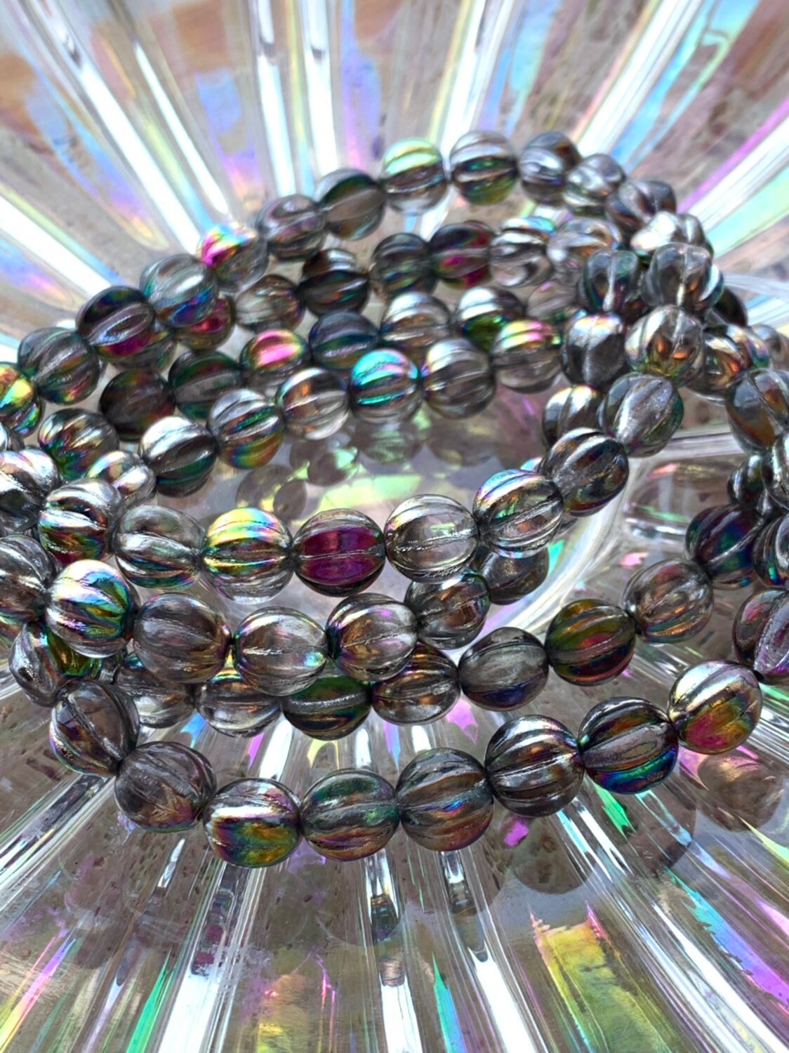Multi tonal Czech Glass rainbow Melon beads / Magical beads / Iridescent  beads 10 mm