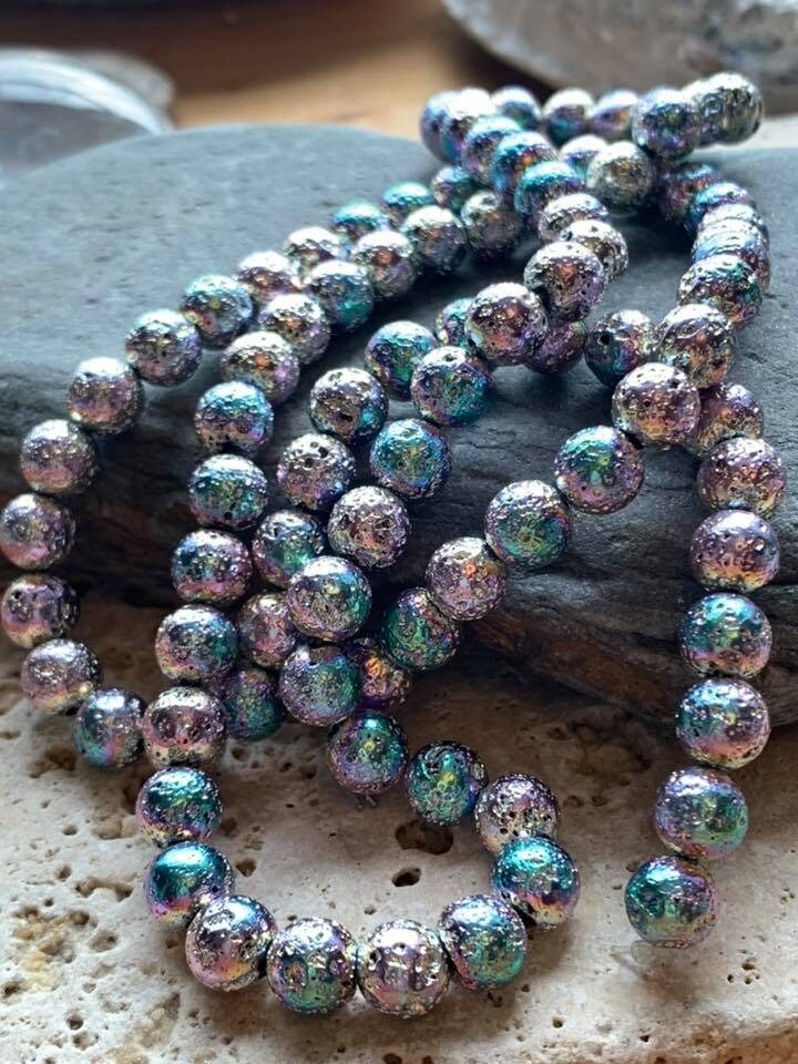 Metallic Lava Rock beads 8mm - pale lilac and turquoise tones soft metallics. Unique Beads