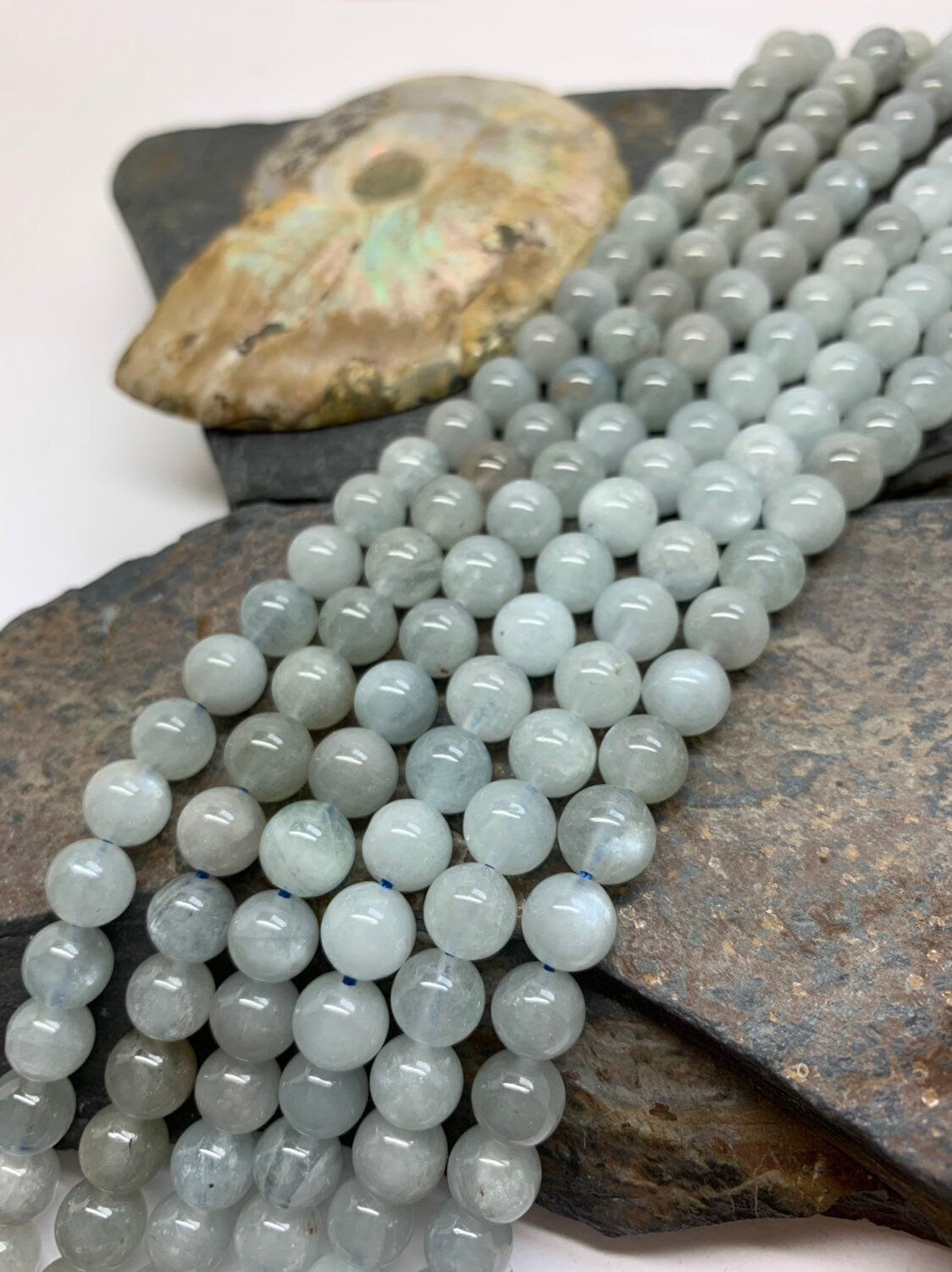 Natural Blue grey Round Aquamarine beads / 7 mm Soft Pale Blue Gemstone Beads with shillah