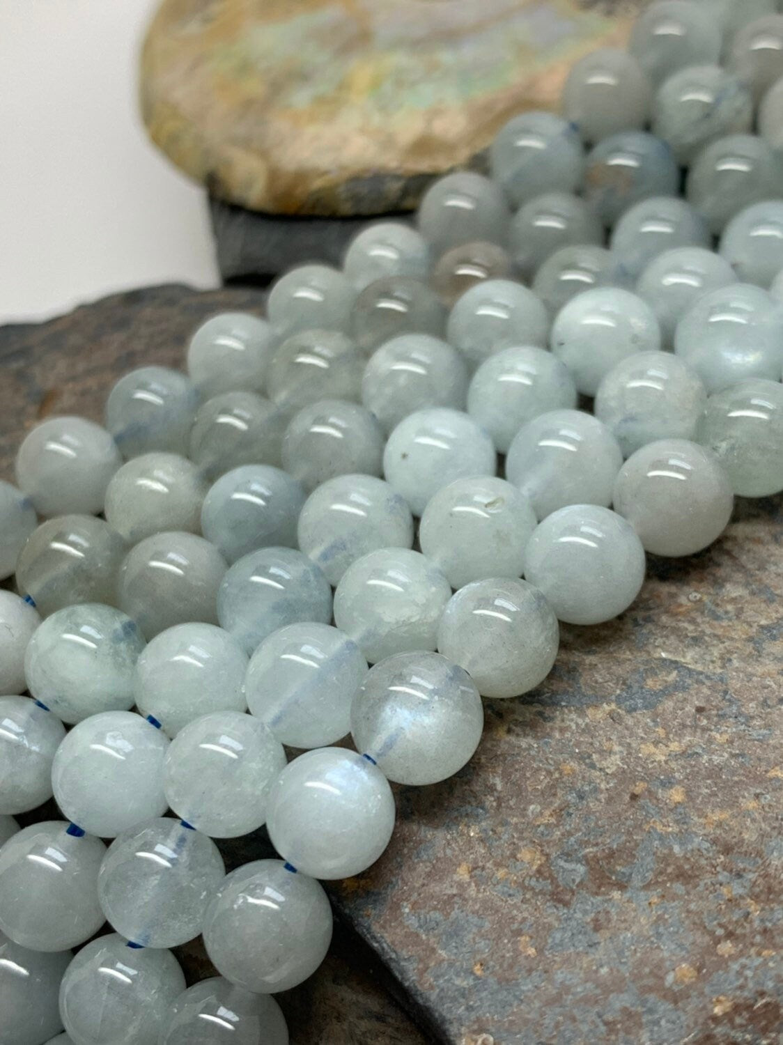 Natural Blue grey Round Aquamarine beads / 7 mm Soft Pale Blue Gemstone Beads with shillah