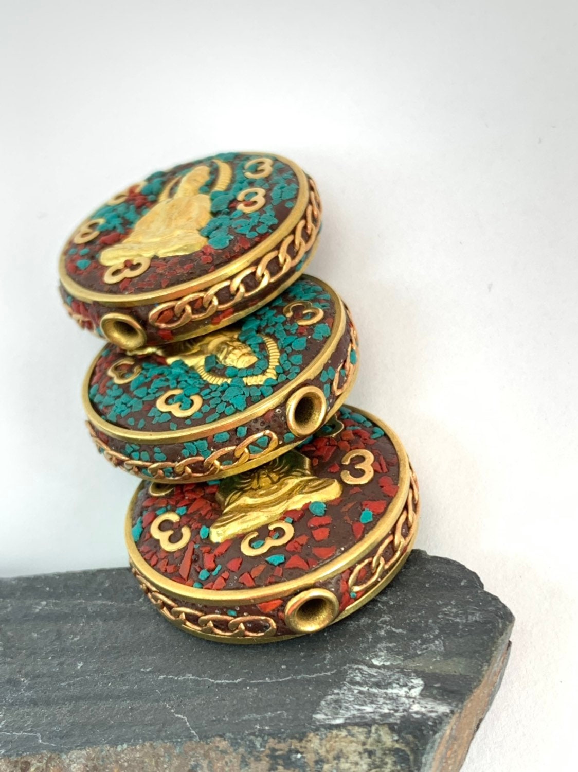 Stunning Copper Brass Ornate Buddha Mala bead 28mm Large Hole 1 bead