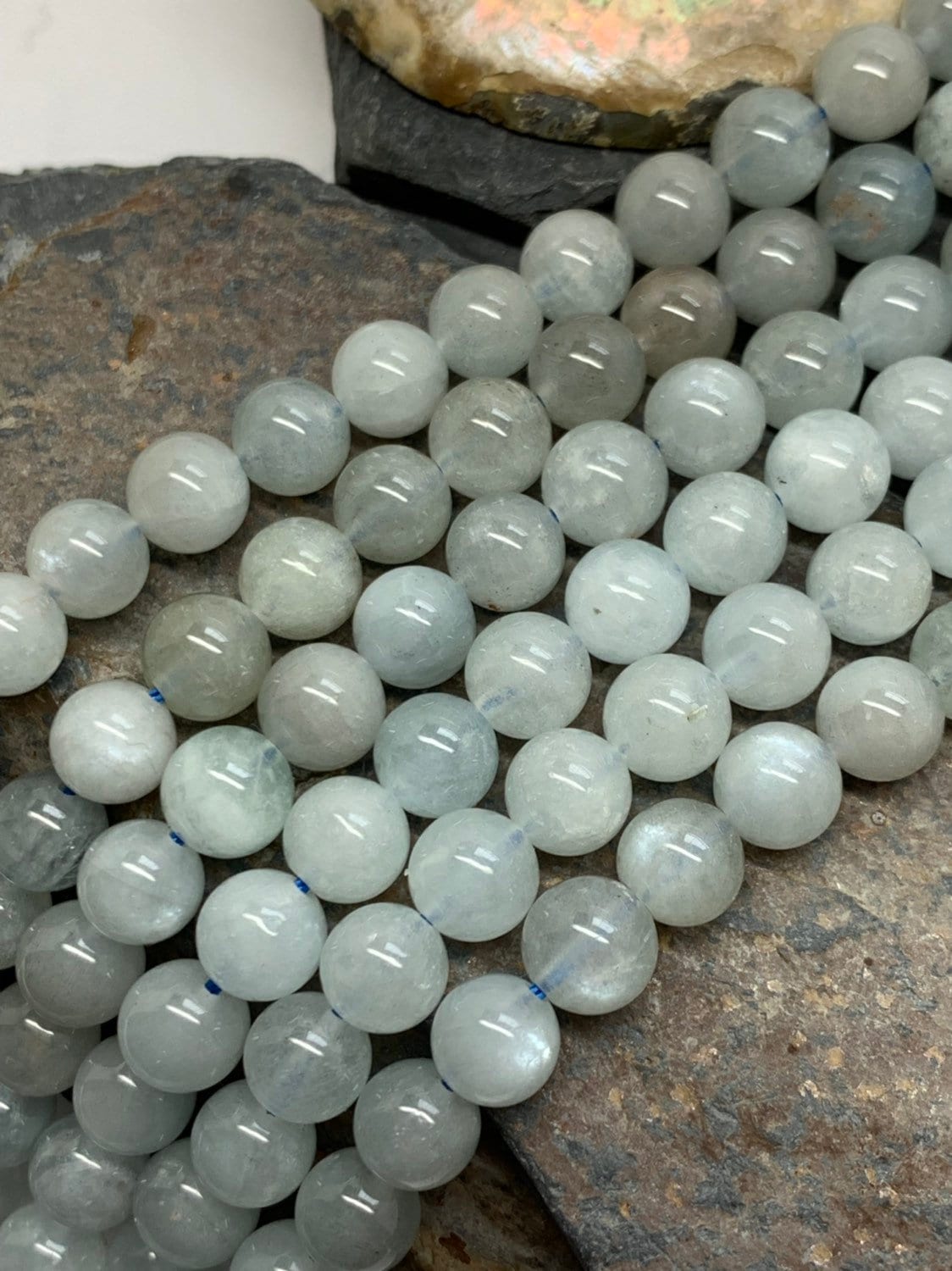 Natural Blue grey Round Aquamarine beads / 7 mm Soft Pale Blue Gemstone Beads with shillah