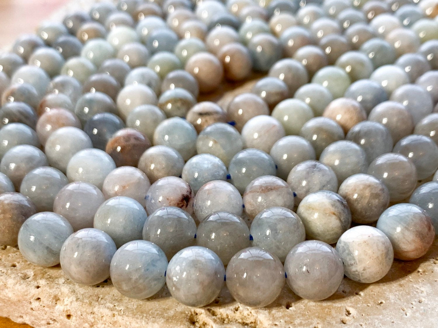 Natural Blue Round Aquamarine beads / 10mm approx/ Soft Pale Blue Gemstone Beads / Tonal variance