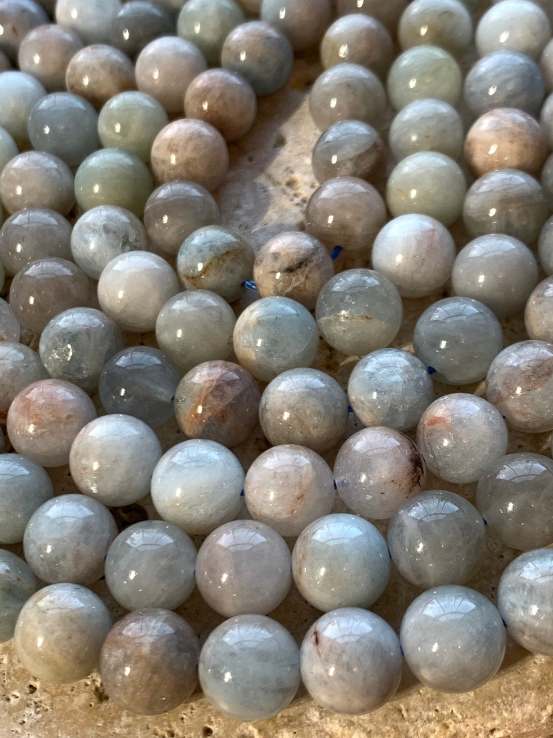 Natural Blue Round Aquamarine beads / 10mm approx/ Soft Pale Blue Gemstone Beads / Tonal variance