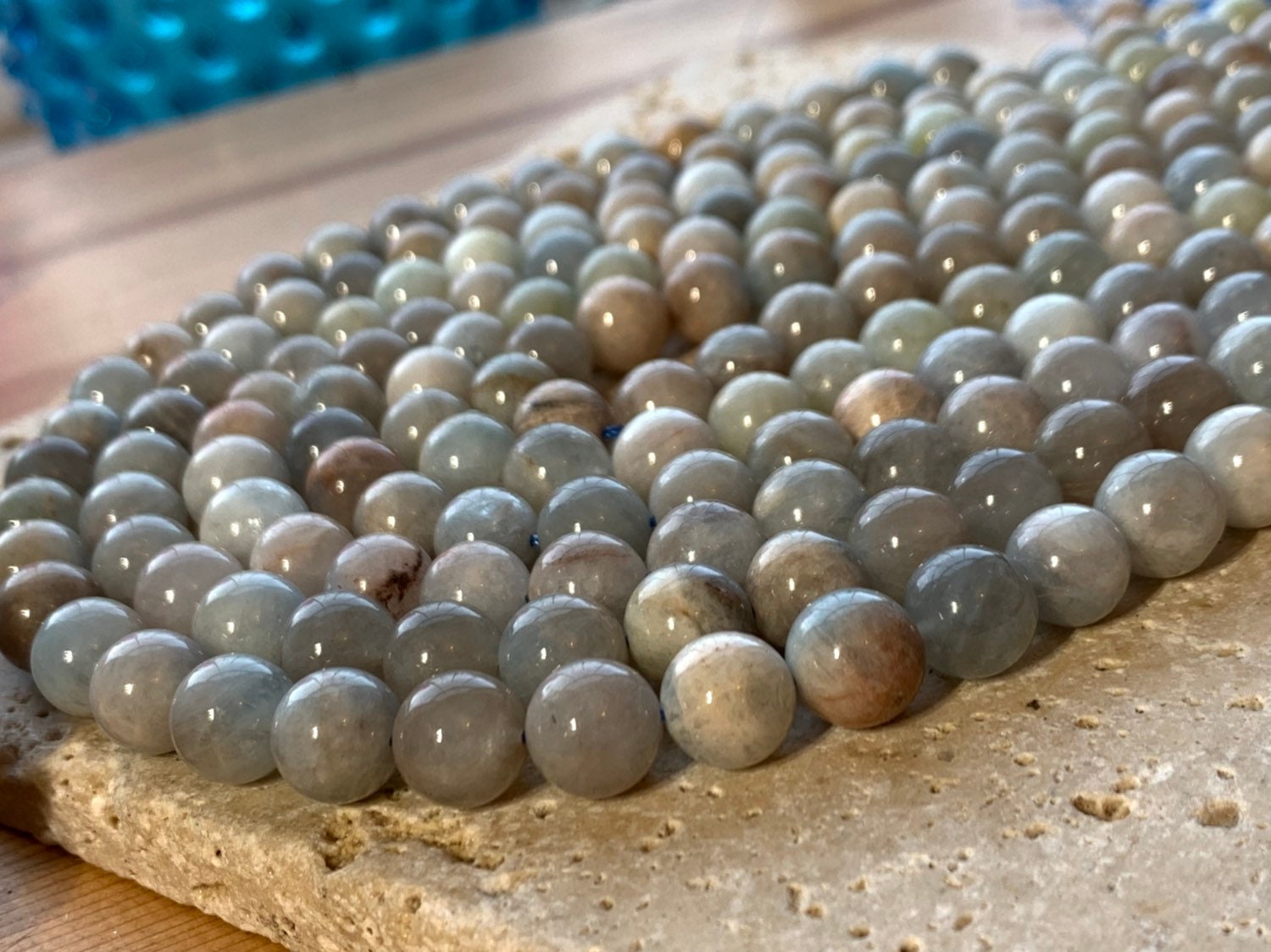 Natural Blue Round Aquamarine beads / 10mm approx/ Soft Pale Blue Gemstone Beads / Tonal variance