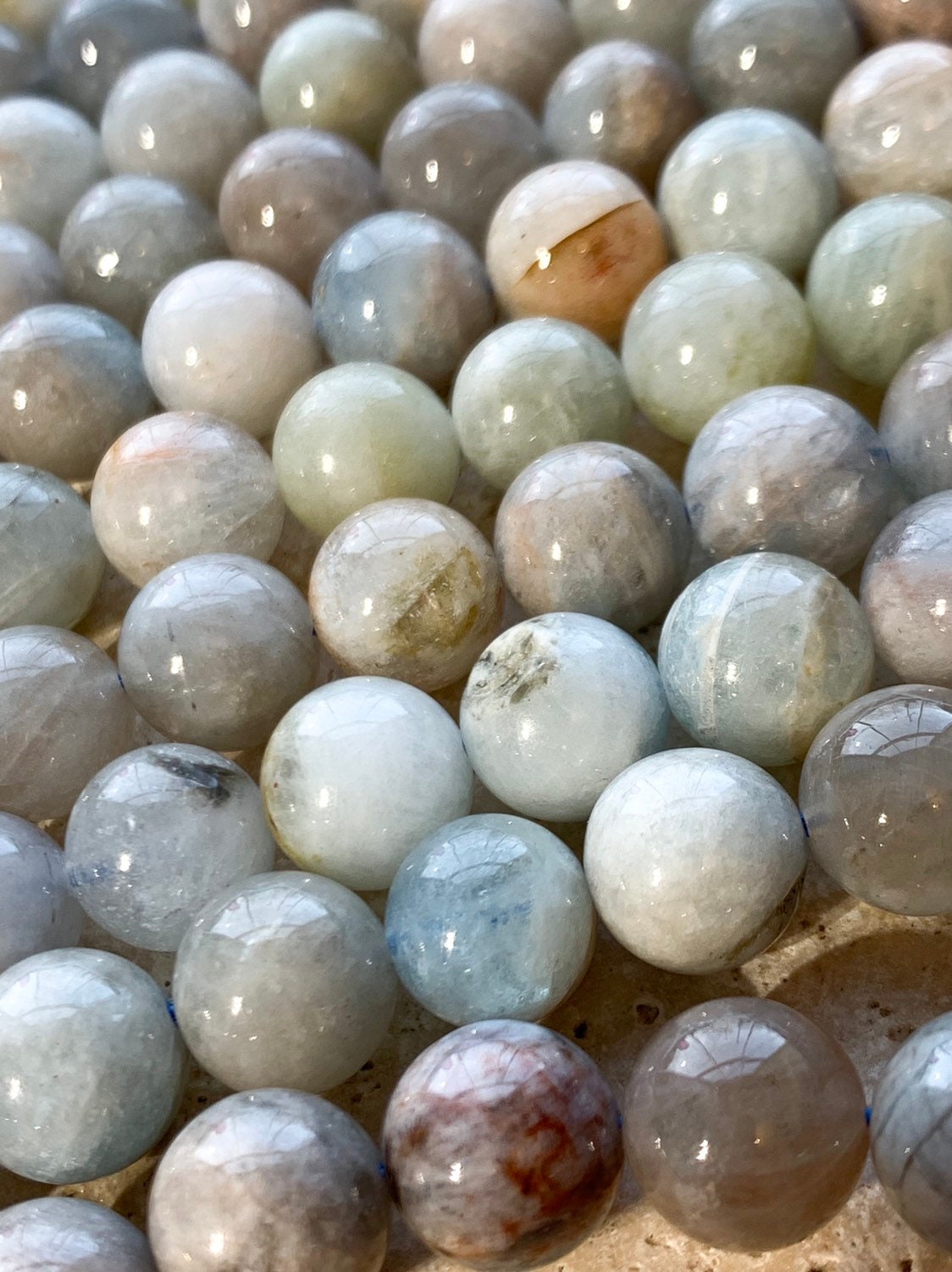Natural Blue Round Aquamarine beads / 10mm approx/ Soft Pale Blue Gemstone Beads / Tonal variance