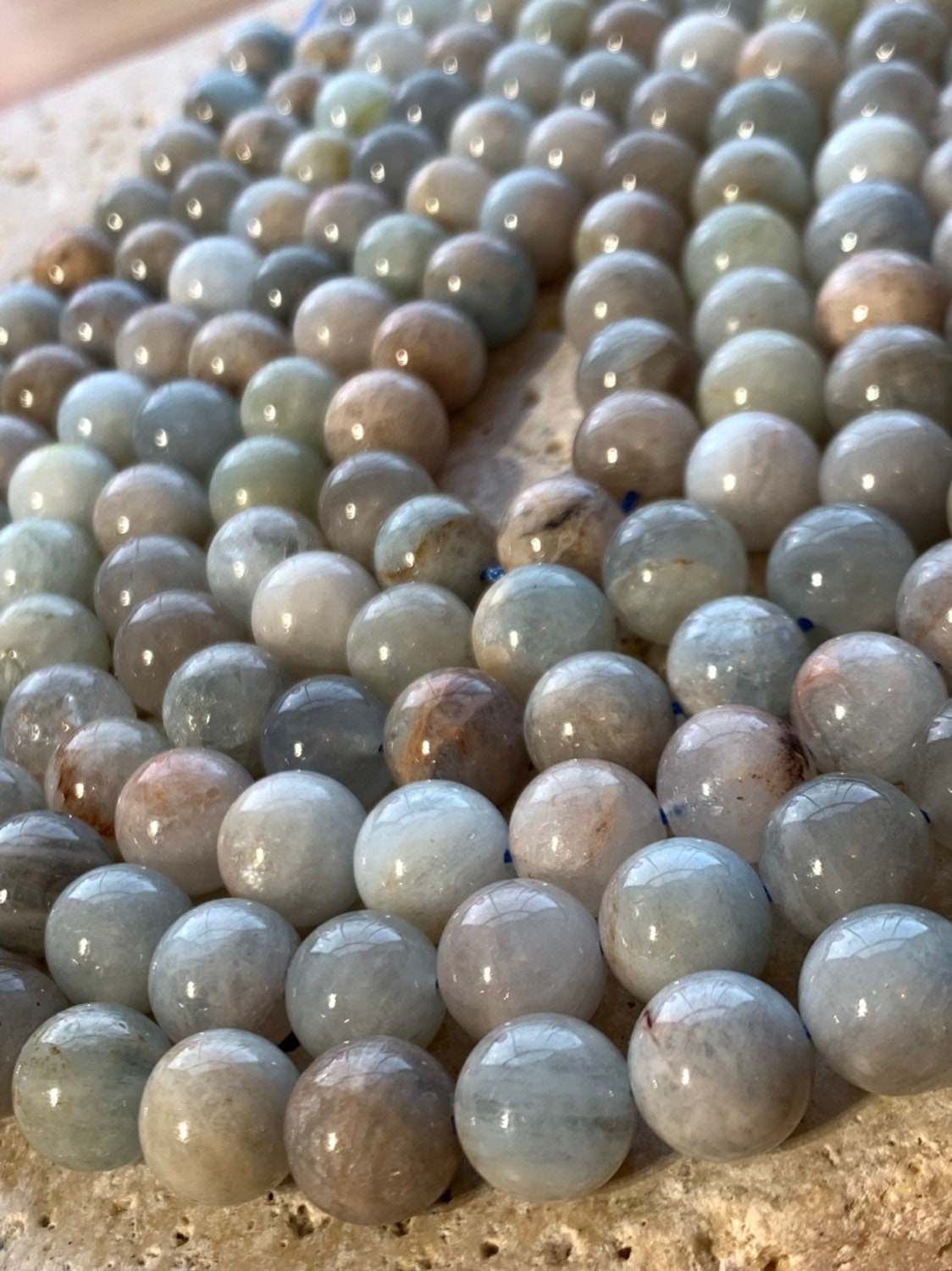 Natural Blue Round Aquamarine beads / 10mm approx/ Soft Pale Blue Gemstone Beads / Tonal variance