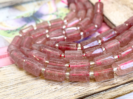 Strawberry Quartz faceted barrel hex cut rustic handcut Beads 8-10mm / Healing gemstone Beads Lepidocrosite