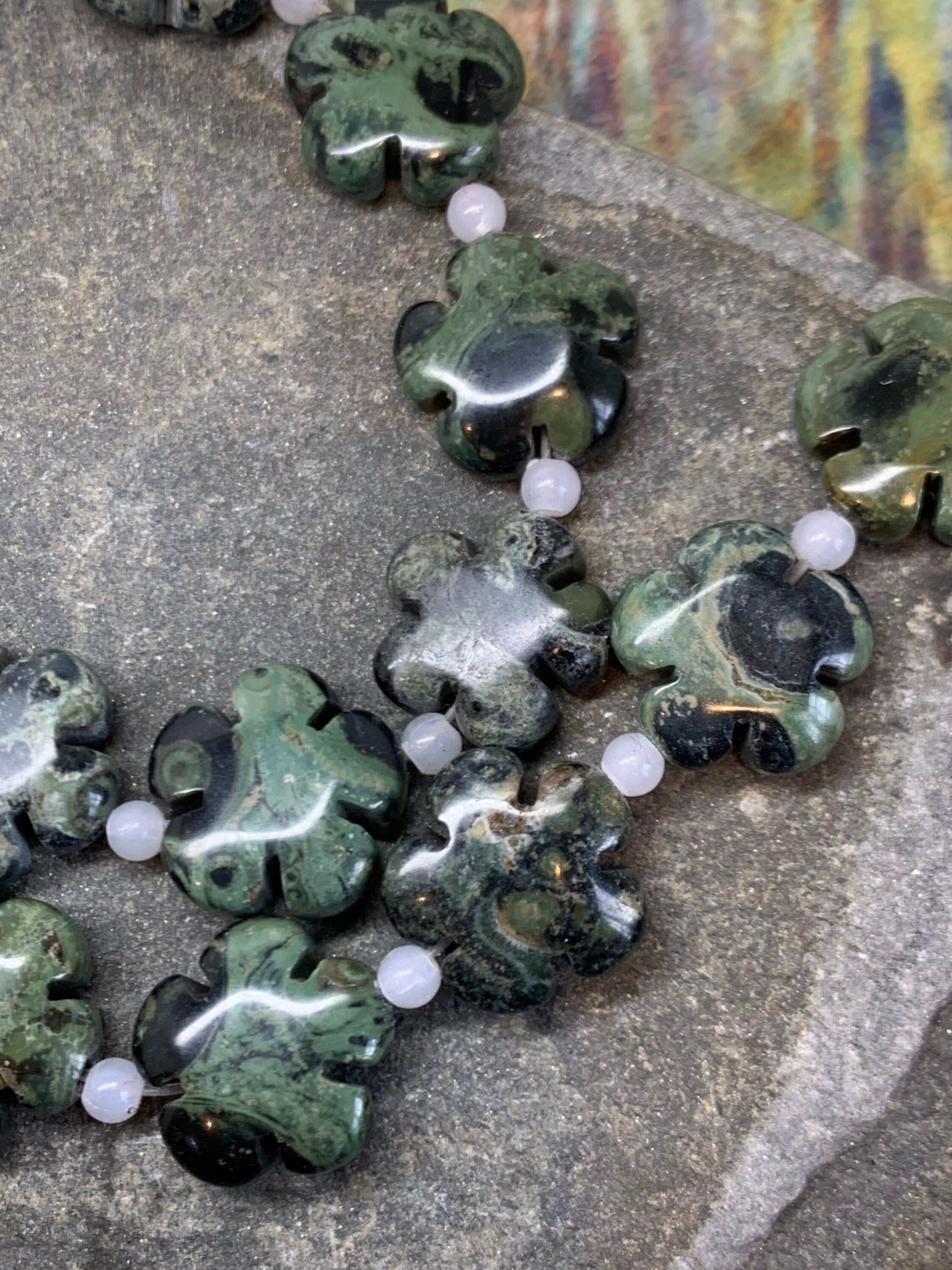 Crocodile Kambaba Green Jasper Carved flower bead. 16mm One bead
