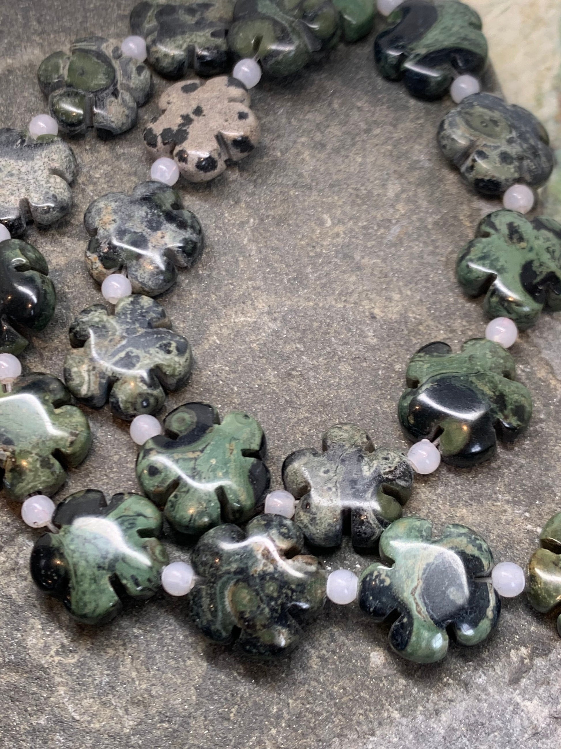 Crocodile Kambaba Green Jasper Carved flower bead. 16mm One bead