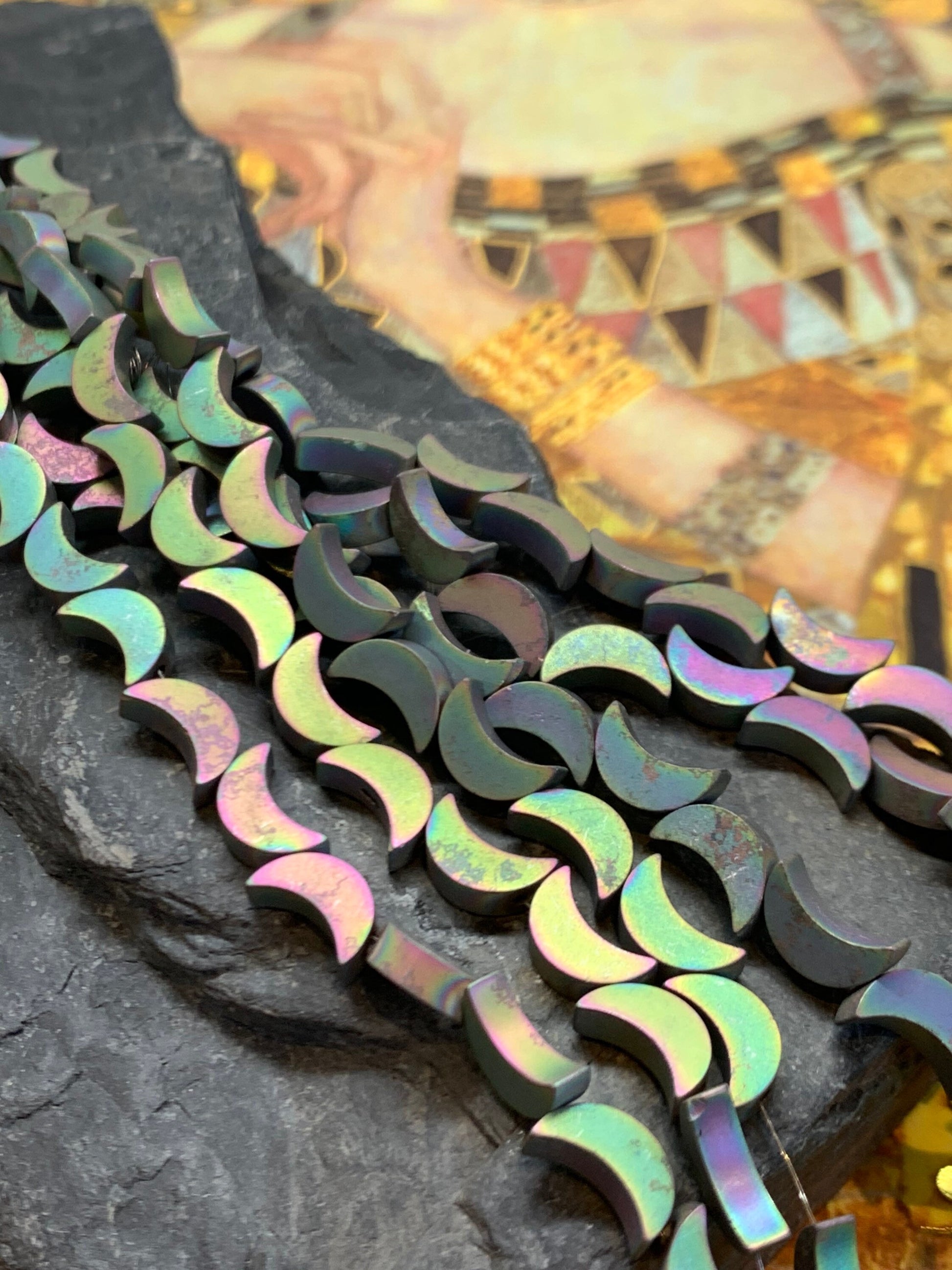 Sweet 8mm Matte Haematite Hematite Pink Purple Green Moon beads / magic mystic Moon Cosmic space beads DARKER THAN PIC!