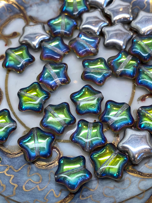 Amazing Glowy Pink Green Blue purple silver two tone Czech Glass star beads 12mm