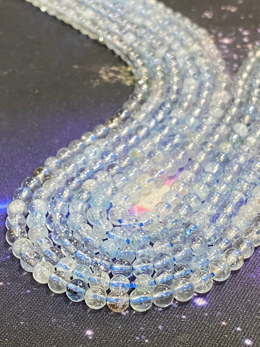Natural Blue Round Aquamarine beads / 4mm approx/ Soft Clear Blue Gemstone Beads amazing clarity!