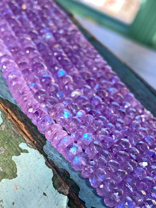 Rustic Lilac Rainbow Moonstone Hand Faceted Rondelle Round Beads 4-5mm mm aprx purple Moonstone Beads Glowing Gemstone Beads Hand Cut