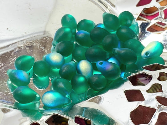 Amazing Glowy Firepolished Teal Green Matte Czech Glass Drops 6 x 9 mm / 4 beads / Teardrops Briolette Drop Beads / crystal glass