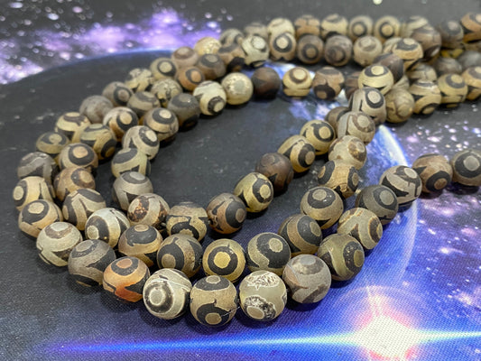 Tibetan Agate Beads / Matte Turtleback round beads / DZI Heavens Eye Beads / Gemstone Round Beads 10 mm / Wood style 3 BEADS