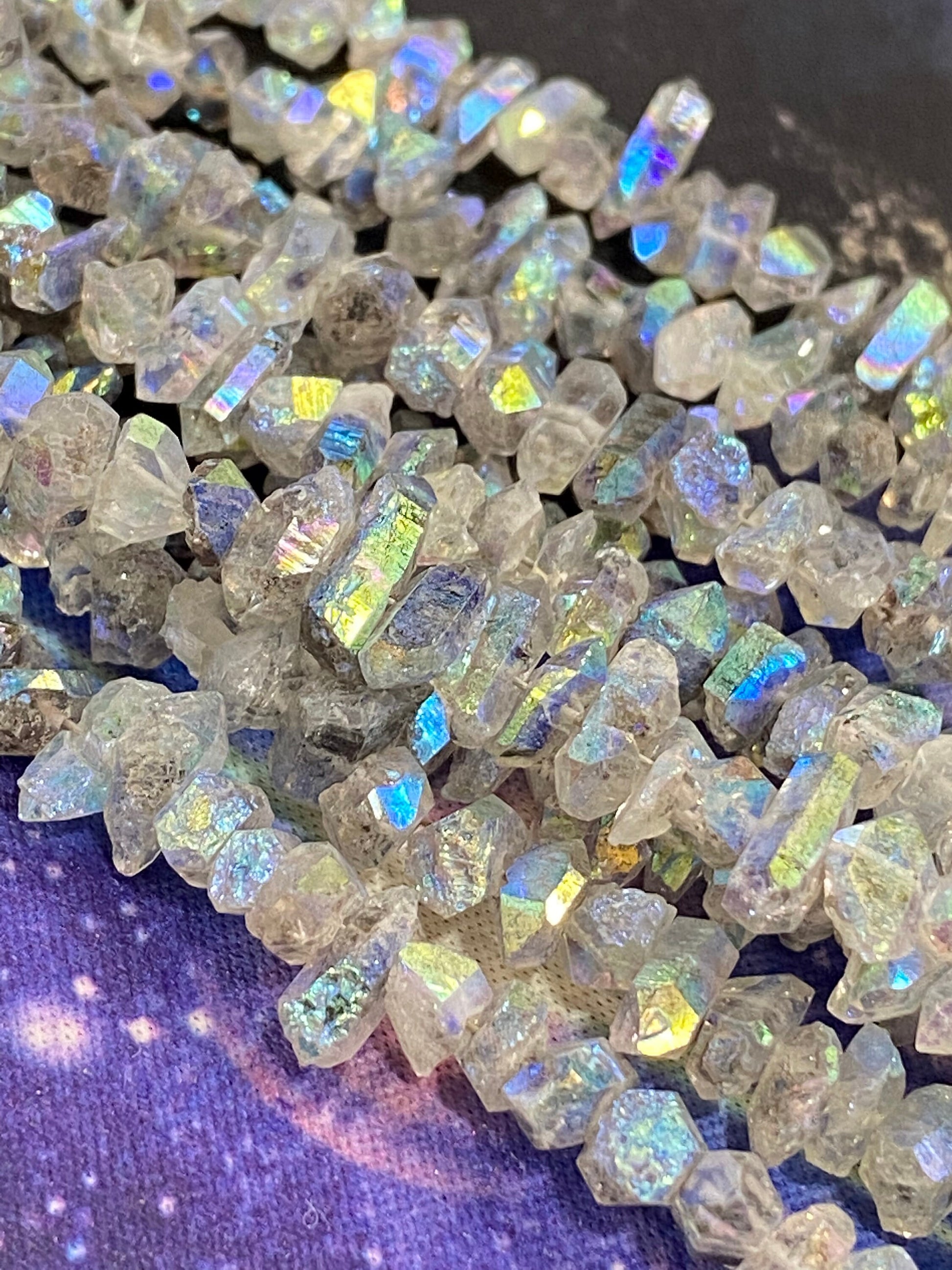 Amazing rare Precious Metal Coated Herkimer Diamond Drilled Crystal Beads Rustic Rainbow Aura Healing Beads / 6-9 mm approx 17.5cm strand