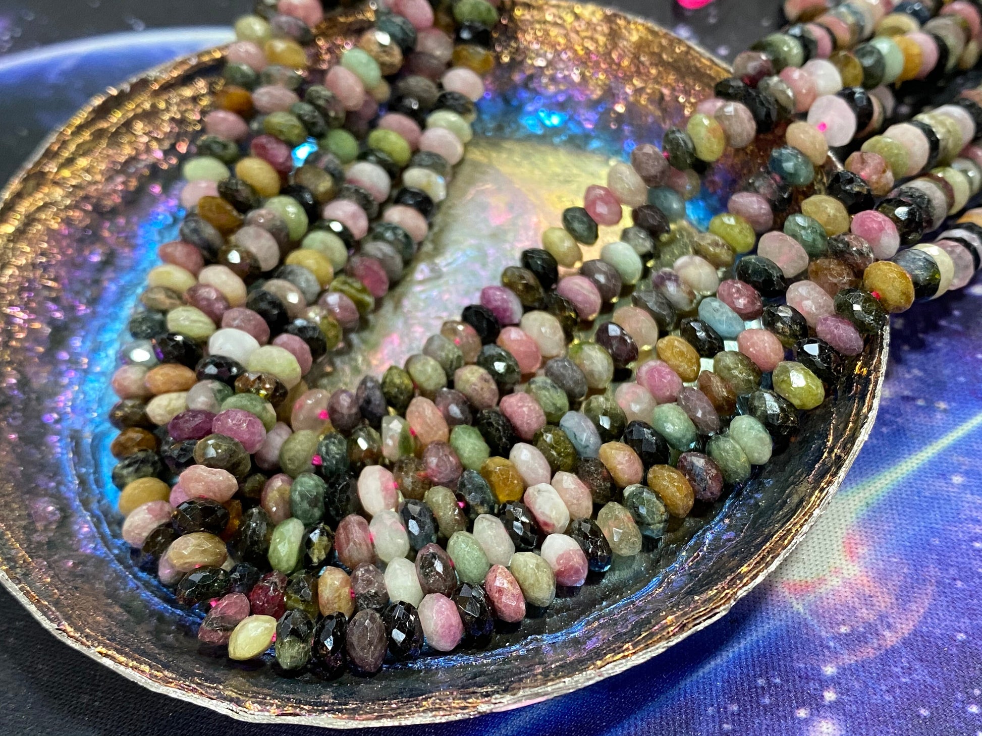 Hand faceted natural multi coloured gemstone Tourmaline rondelles beads 5.6mm