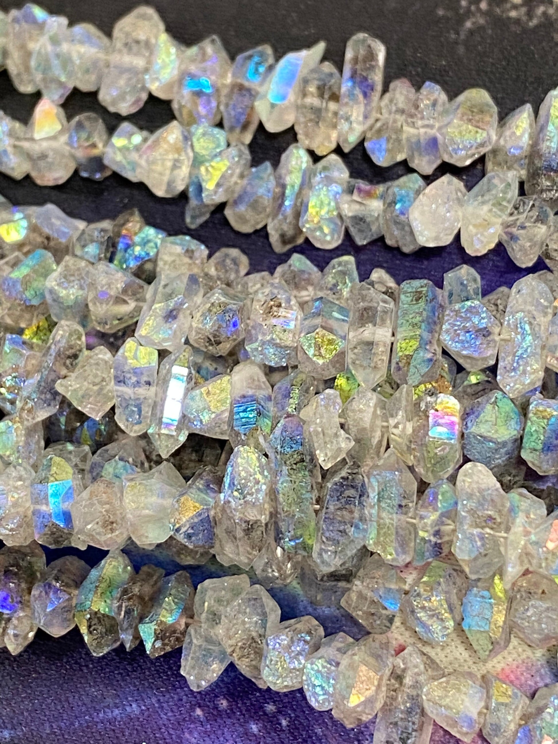Amazing rare Precious Metal Coated Herkimer Diamond Drilled Crystal Beads Rustic Rainbow Aura Healing Beads / 6-9 mm approx 17.5cm strand
