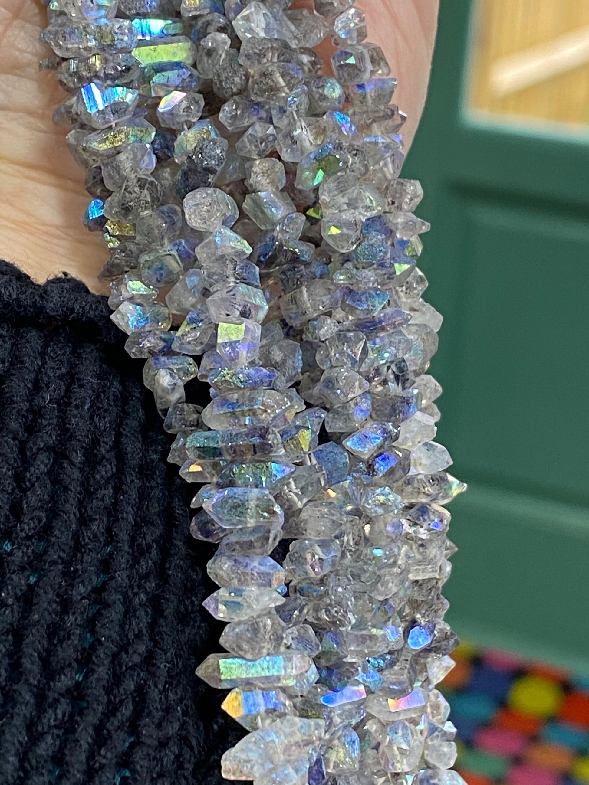 Amazing rare Precious Metal Coated Herkimer Diamond Drilled Crystal Beads Rustic Rainbow Aura Healing Beads / 6-9 mm approx 17.5cm strand