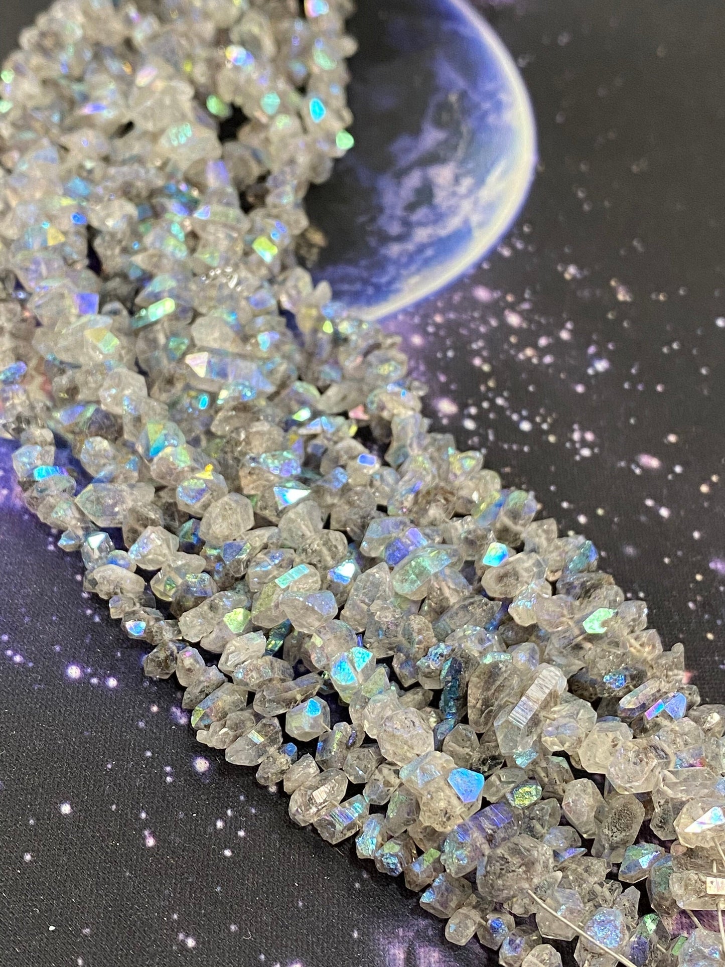 Amazing rare Precious Metal Coated Herkimer Diamond Drilled Crystal Beads Rustic Rainbow Aura Healing Beads / 6-9 mm approx 17.5cm strand