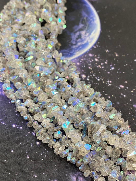 Amazing rare Precious Metal Coated Herkimer Diamond Drilled Crystal Beads Rustic Rainbow Aura Healing Beads / 6-9 mm approx 17.5cm strand