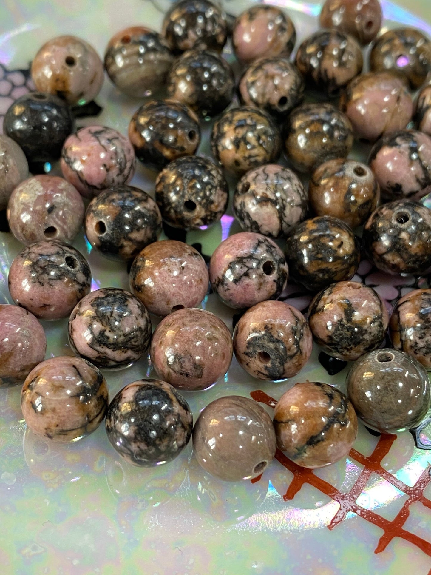 Natural Rhodonite pink black brown round Beads 8 or 10 mm Mottled salmon Gemstone Beads