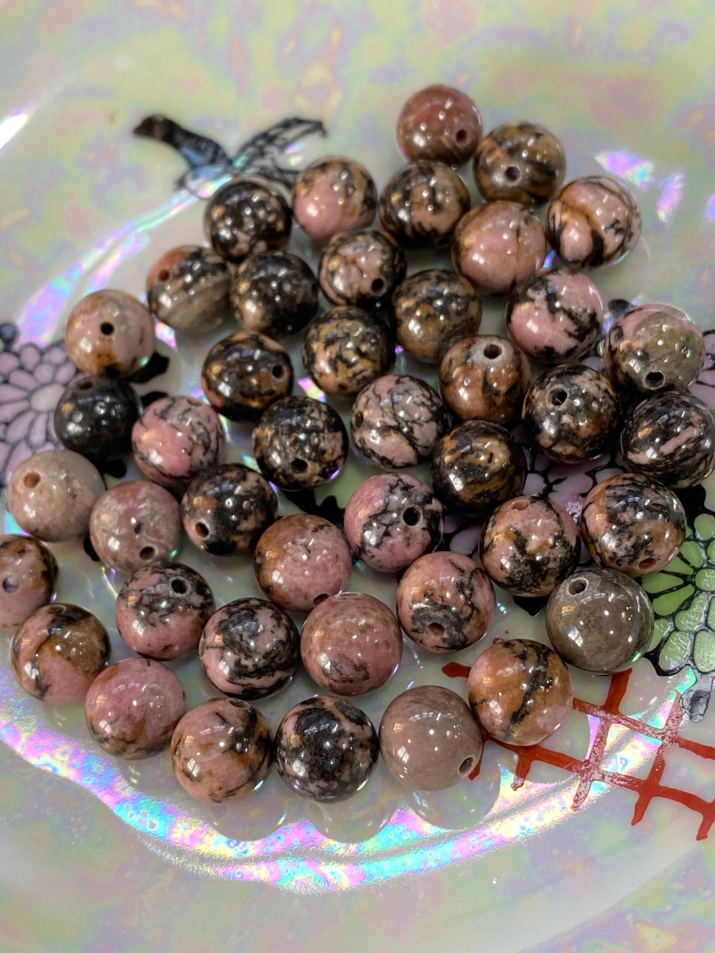Natural Rhodonite pink black brown round Beads 8 or 10 mm Mottled salmon Gemstone Beads