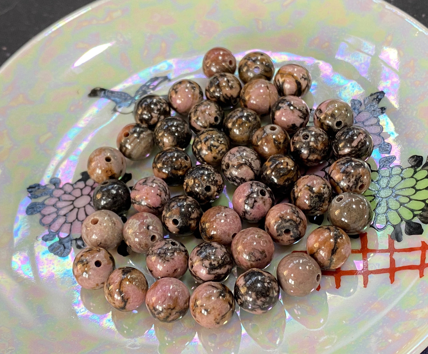 Natural Rhodonite pink black brown round Beads 8 or 10 mm Mottled salmon Gemstone Beads